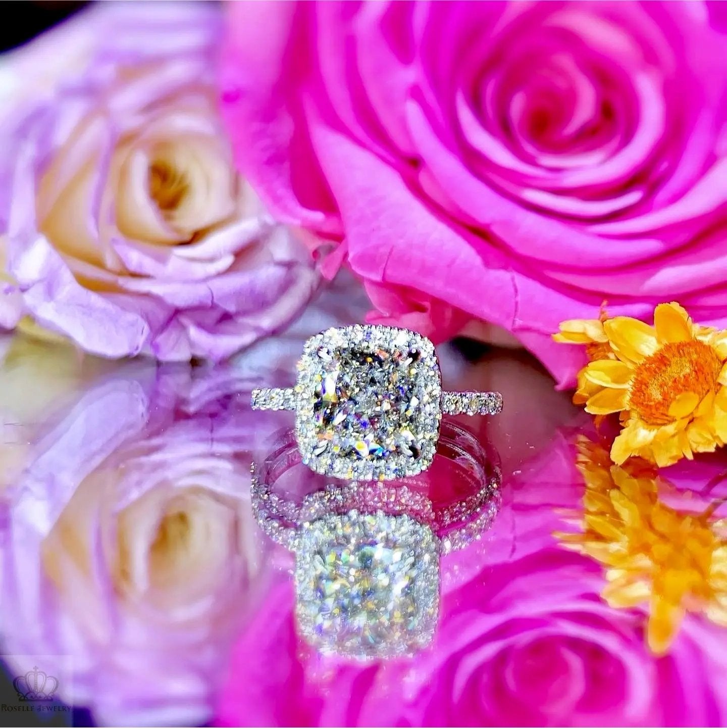 Custom Halo Cushion Cut Side Stone Diamond Engagement Ring [Setting Only] - EC098 - Roselle Jewelry