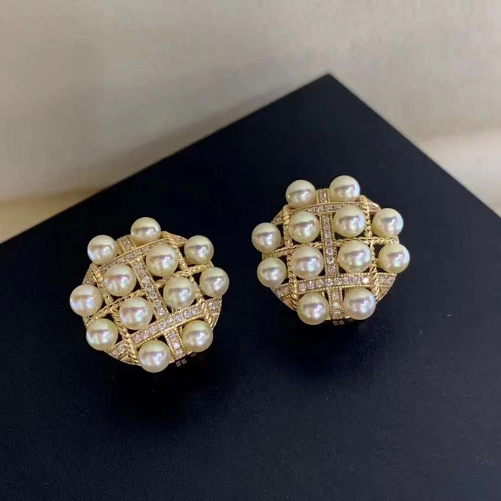 Tsukihana ™ 18K Gold Akoya Pearl With Diamond Floral Stud Earrings - TS004 - Roselle Jewelry