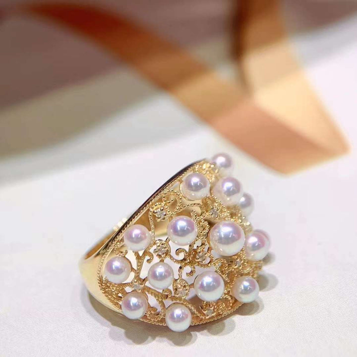 3.5-4.0mm Akoya Pearl With Vintage Diamond Ring - TS025 - Roselle Jewelry