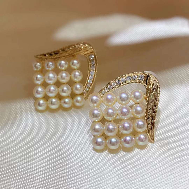 18K Akoya Pearl With Diamond feather Stud Earrings - TS008 - Roselle Jewelry