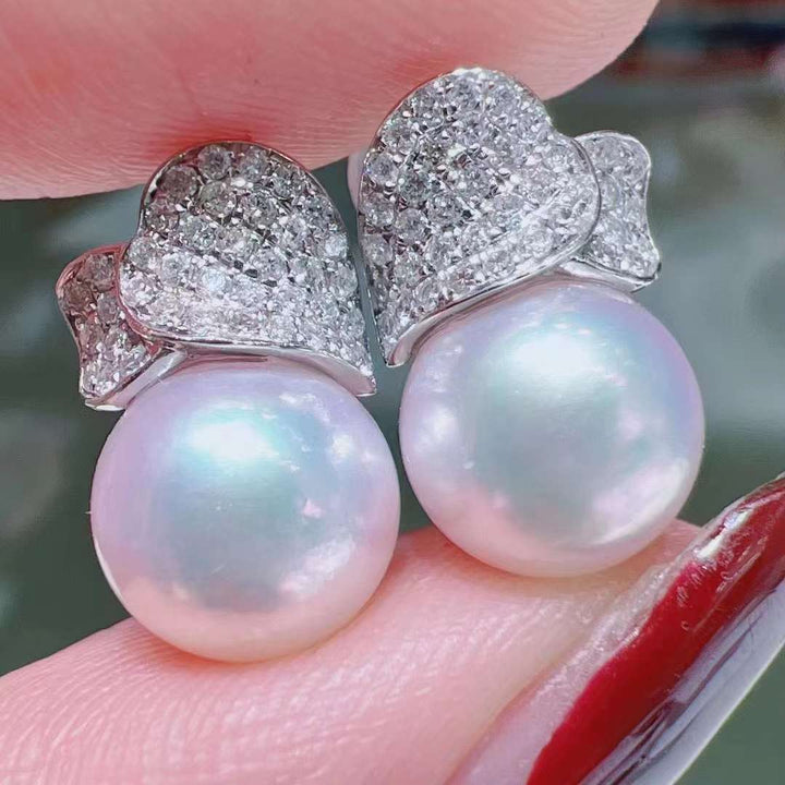 18K White Gold Akoya White Pearl With Diamond Earrings - TS031 - Roselle Jewelry