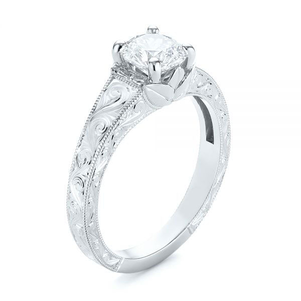 Custom Hand Engraved Tri Leaf Solitaire Diamond Engagement Ring [Setting Only] - EC002 - Roselle Jewelry