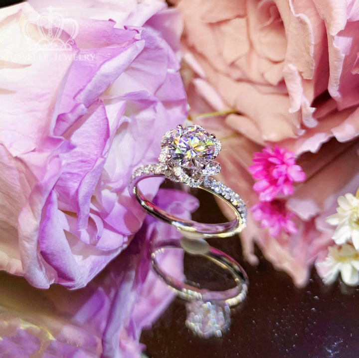 Custom Floral Halo Side Stone Diamond Ring [Setting Only] - EC096 - Roselle Jewelry