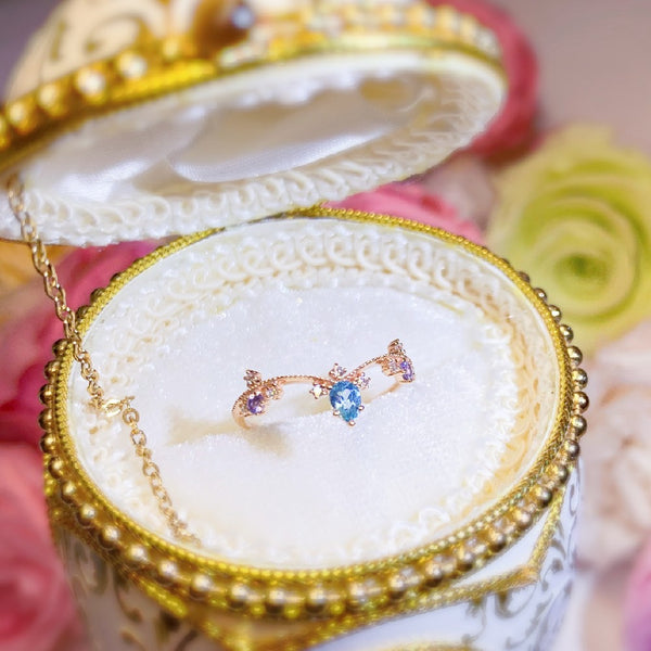 Princess Tiara V Shape Paraiba Color Apatite With Nature Diamond and Tanzanite Ring - LR1 - Roselle Jewelry