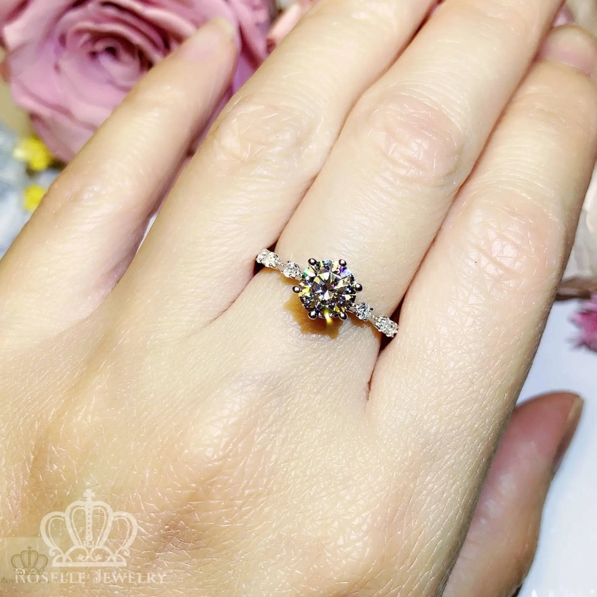 Six Prong Side Stone Engagement Ring - T3 - Roselle Jewelry