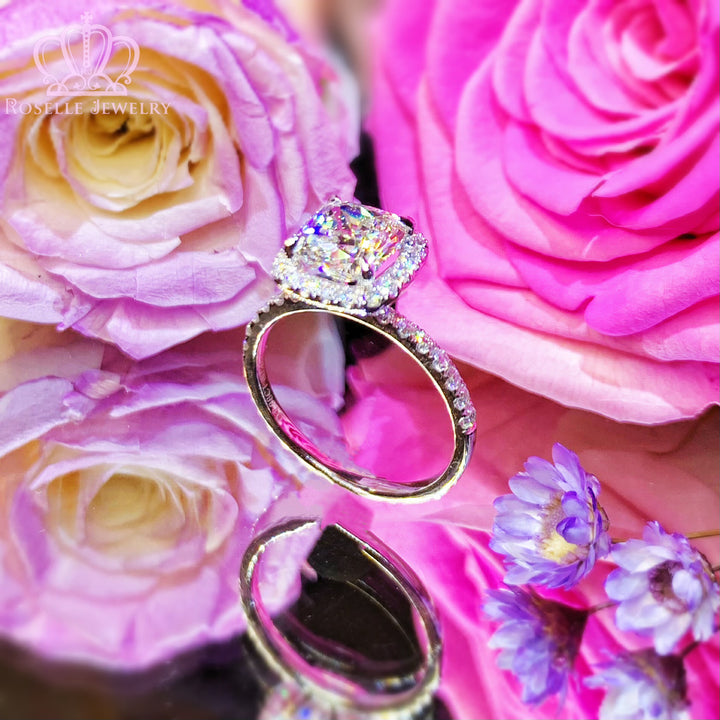 Custom Halo Cushion Cut Side Stone Diamond Engagement Ring [Setting Only] - EC098 - Roselle Jewelry