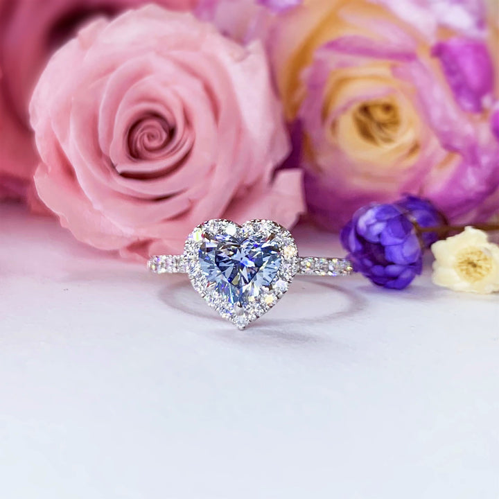 Fancy Blue Heart Shape Lab Grown With Side Stone Halo Engagement Diamond Ring - LGR020 - Roselle Jewelry