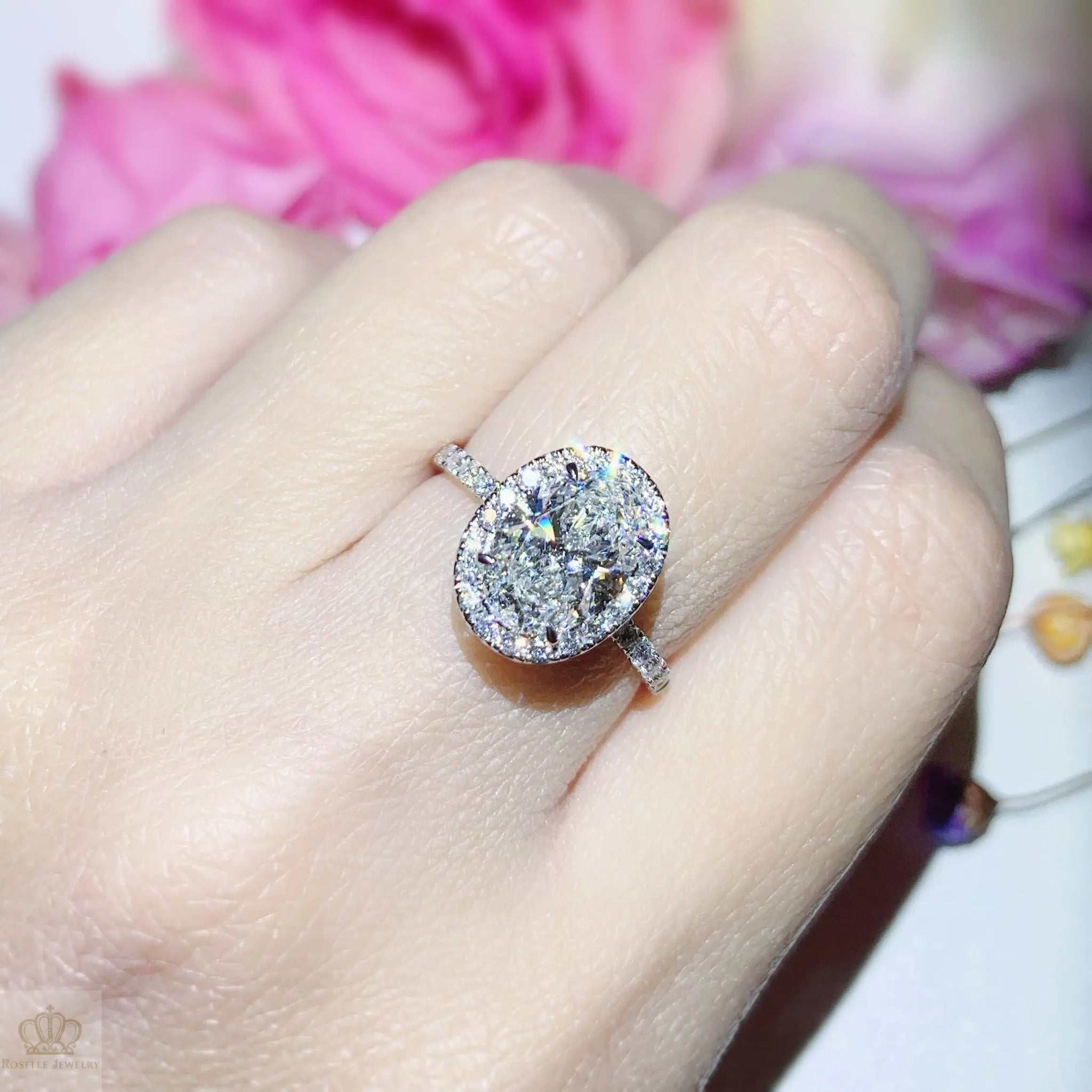 Oval Lab Grown With Side Stone Halo Engagement Diamond Ring - LGR021 CHARLISA™