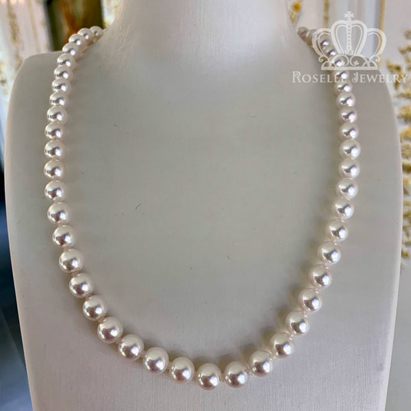 Japanese Akoya 9-9.5mm AAA High Quality Round Pearl Necklace 18K Yellow Gold Pinkish White No Earrings