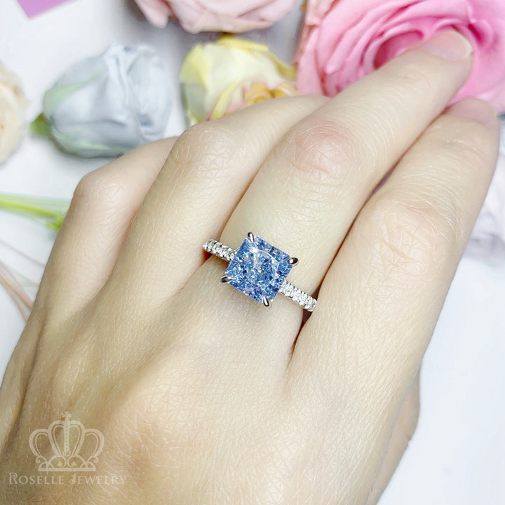 Fancy Blue Radiant Cut Side Stone Engagement Ring - TR2 - Roselle Jewelry