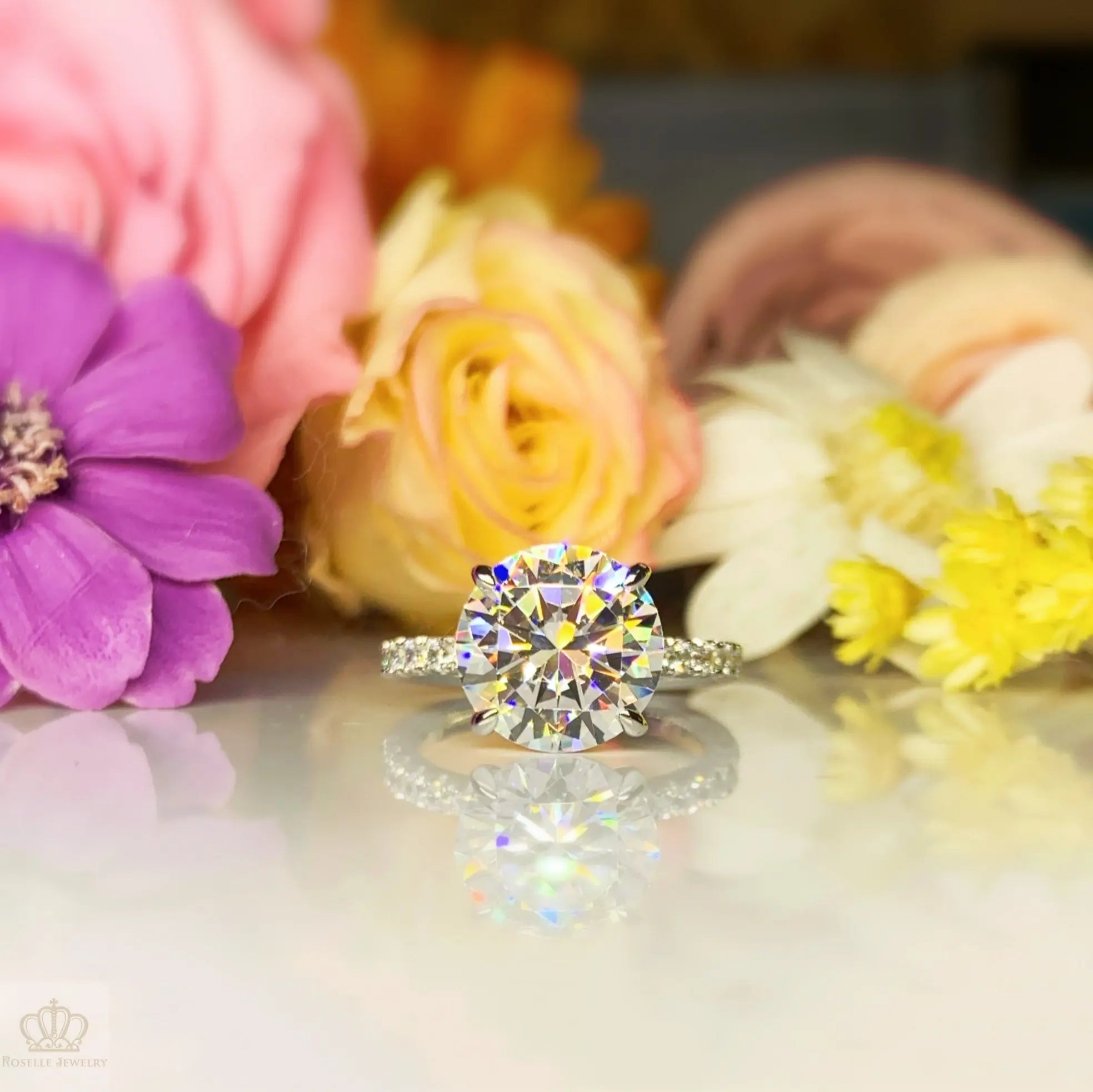 4.00CT Four Prong Side Stone Engagement Ring - T2 - Roselle Jewelry