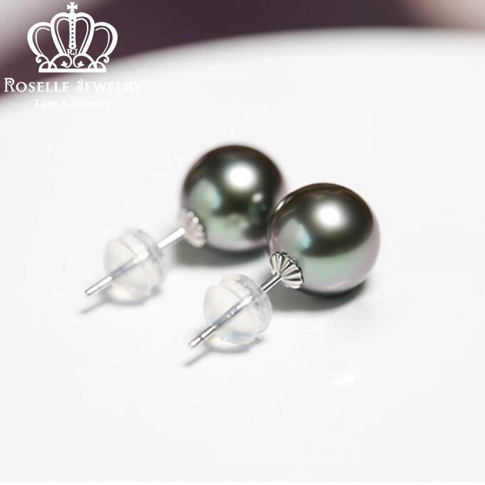 Tahitian Pearl 18K White Gold Stud Earrings - TPE1 - Roselle Jewelry